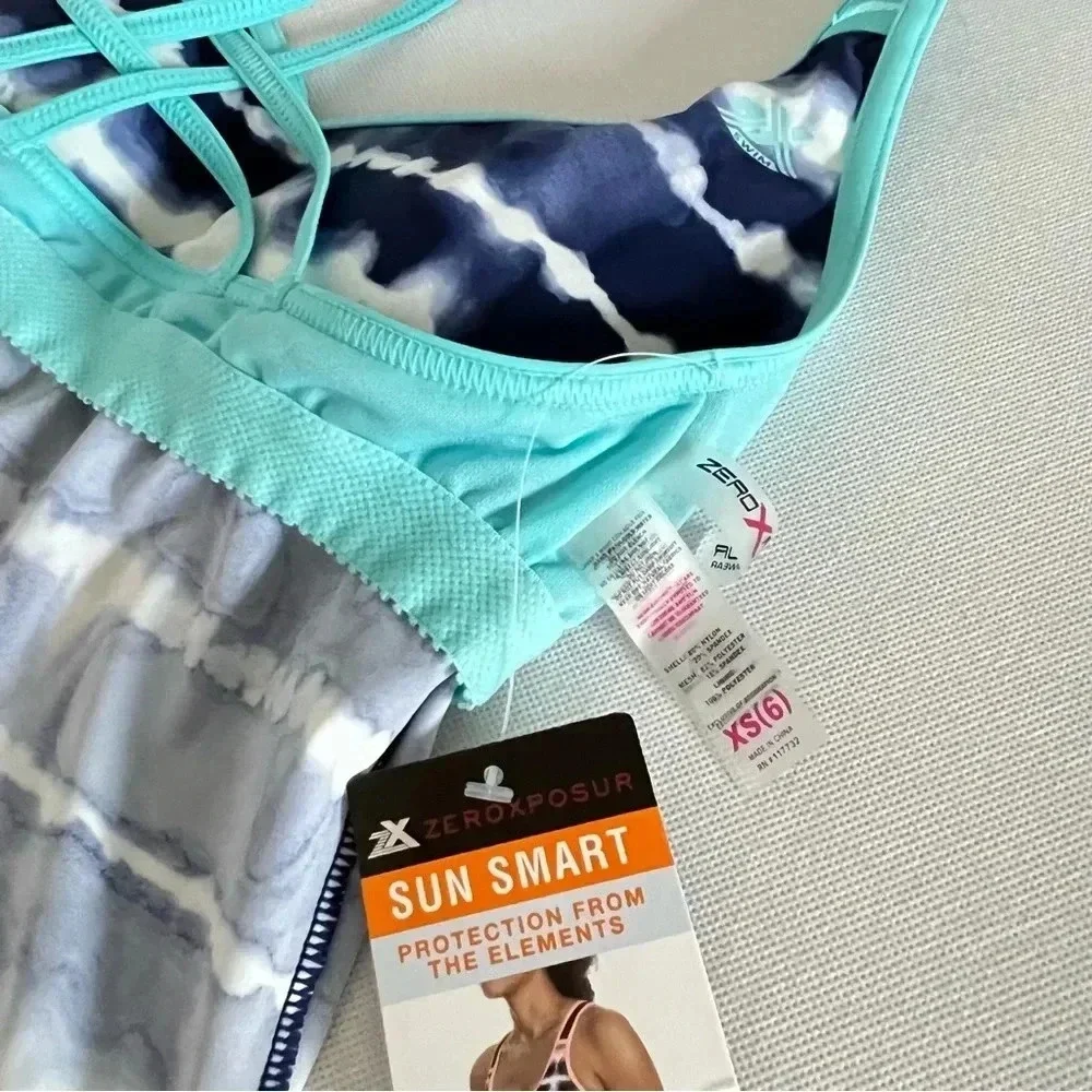 Zeroxposur Cross Back Strap Tankini Swimsuit Navy Blue Tie-Dye Size XS (6)